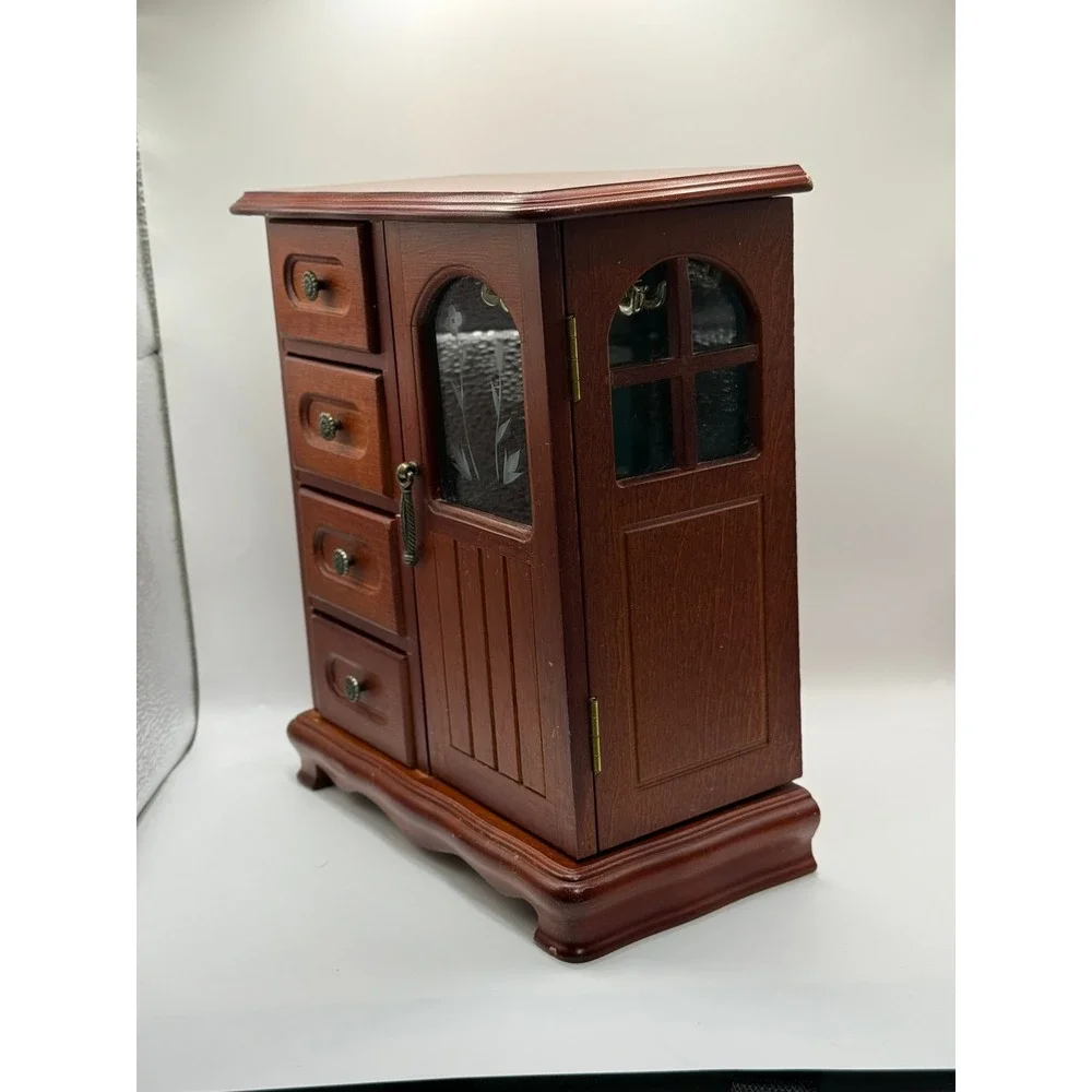 Vintage Wooden Jewelry Armoire Tabletop Chest 4 Drawers Etched Glass Carousel - Picture 9 of 16